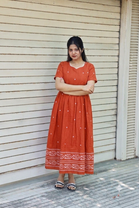 Handloom Jamdani - Maternity / Feeding - Maxi/Gown - Cotton Lining - Double side Zips - coffee brown