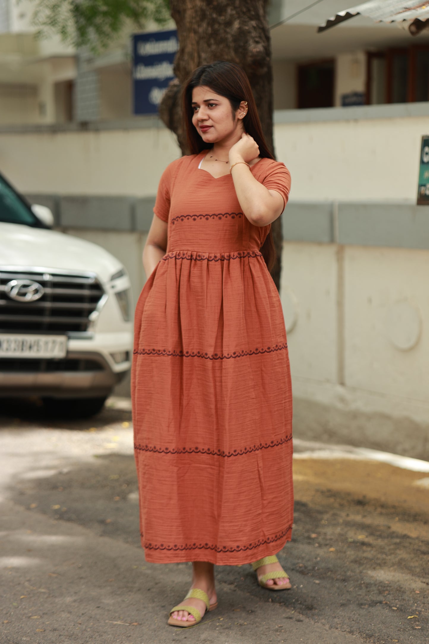 Premium Muslin- Feeding/ Maternity Maxi/Gown - Full Cotton lining /Double side zip -  Brown Muslin Embroidery
