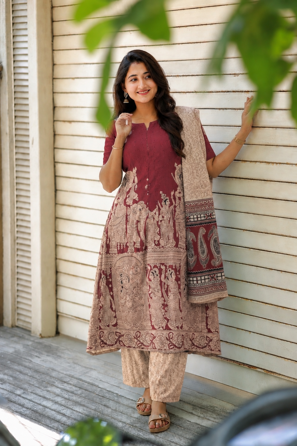 Block printed kalamkari cotton Maternity 3 pc chudidhar set [ Top with center zip, Pant and dupatta - Maroon ( A line kurti -No side open)