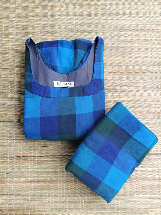 Madras check/ cotton Maternity 2 pc chudidhar set [ Top with double side zip, and Pant- Self blue checks