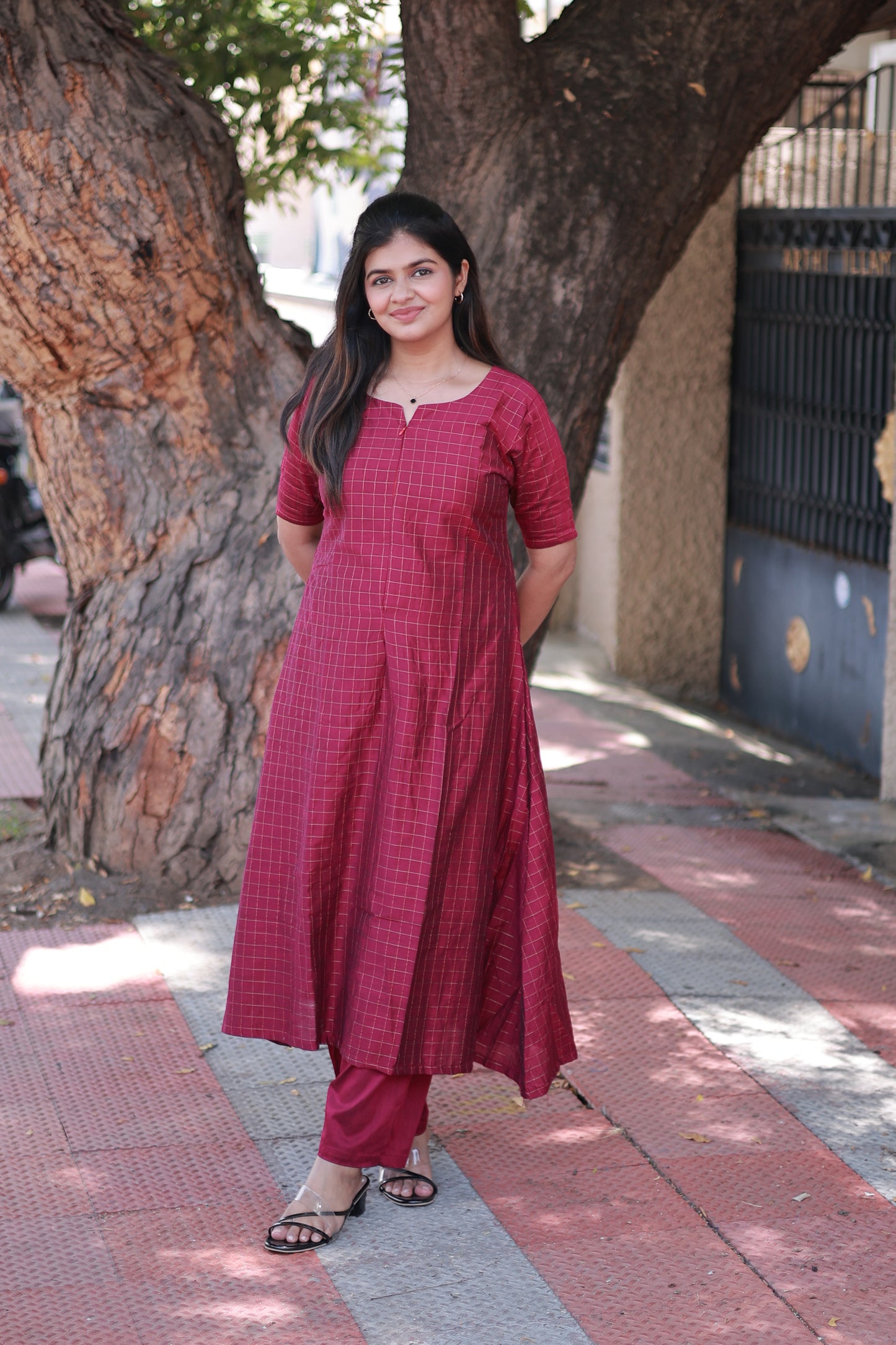 Raw silk Maternity 3 pc chudidhar set [ A line Top with center side zip,  Pant and dupatta - Pink checks (No Side open top)