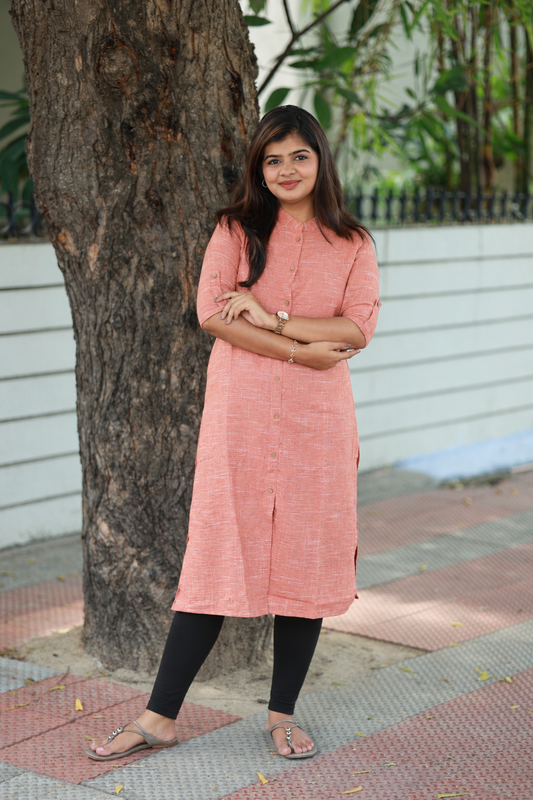 Khadi Cotton Feeding Top – Peach | 3 Center Buttons openable | Casual | office wear