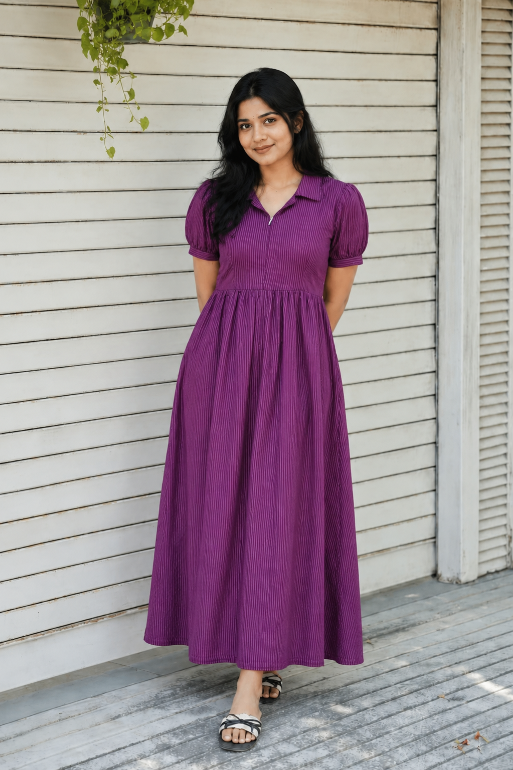 Prewashed handloom Cotton - Feeding/ Maternity Maxi/Gown - Cotton lining /Center zip -Collar Vaadamalli stripe