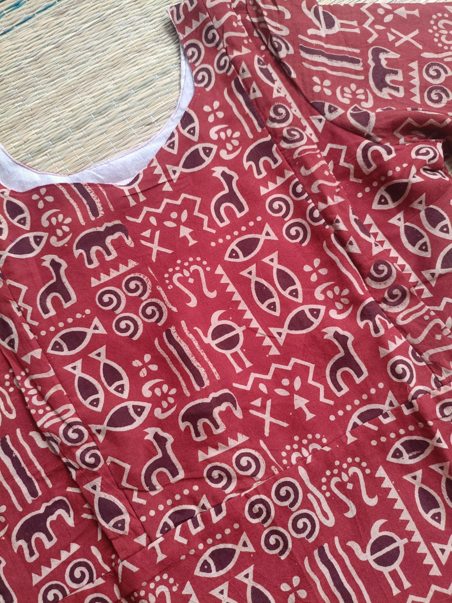 Block printed kalamkari cotton Maternity 2 pc chudidhar set [ Top with double side zip, and dupatta - Red fish