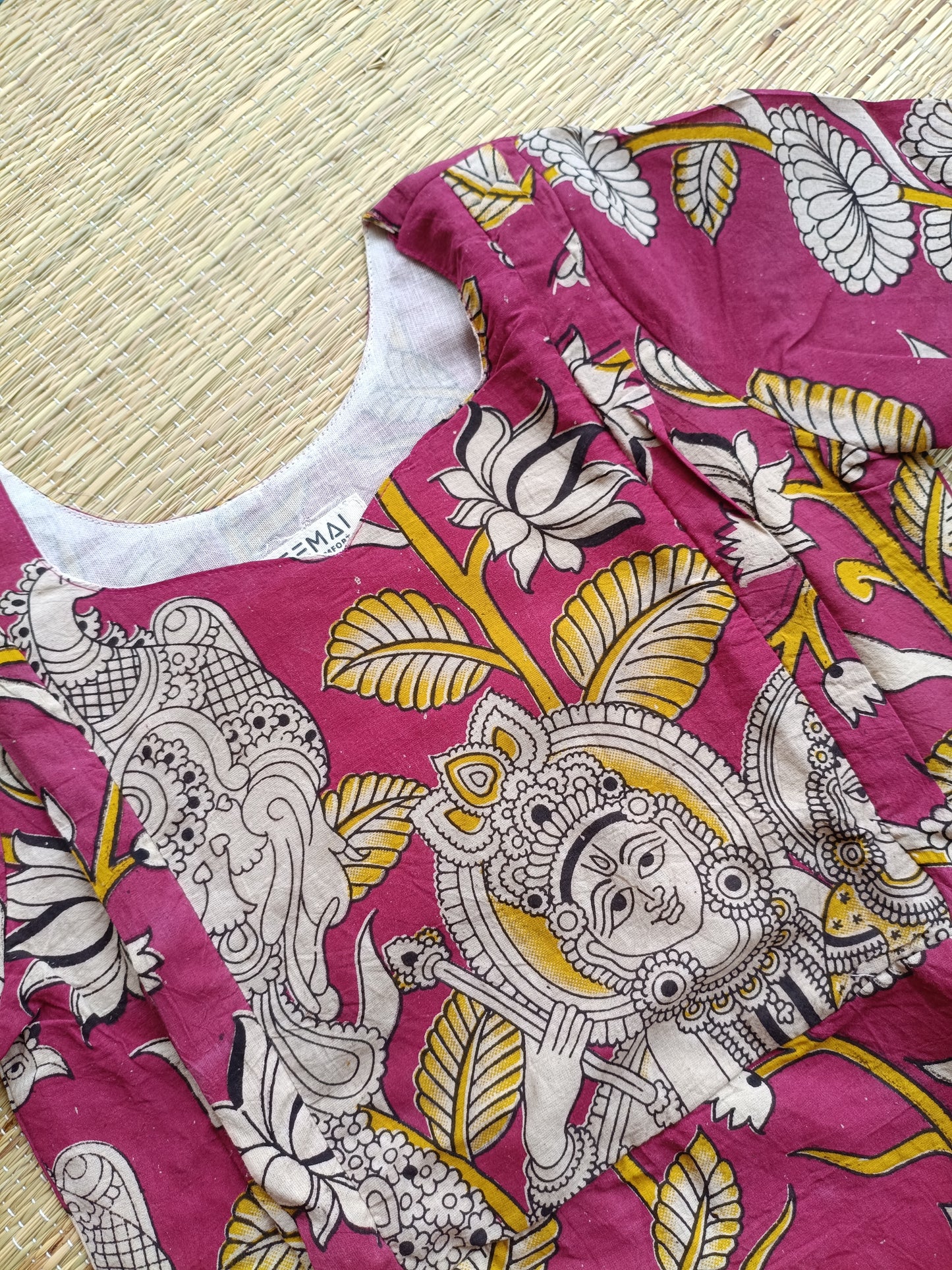 Block printed kalamkari cotton Maternity 2 pc chudidhar set [ Top with double side zip, and dupatta - Pink and yellow