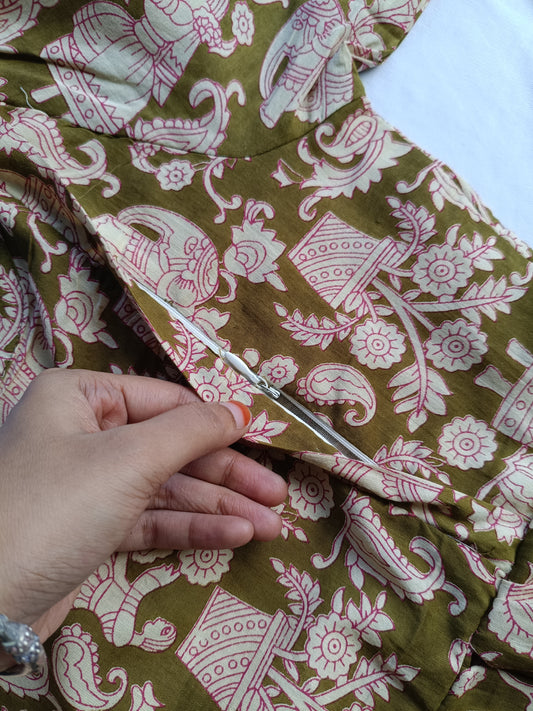 Cotton - Feeding/ Maternity Maxi/Gown - Cotton lining /Double side zip - Kalamkari Green statue