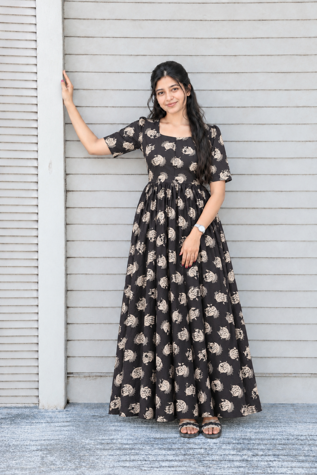 Premium Cotton kalamkari - Feeding/ Maternity Maxi/Gown - Cotton lining /Center zip -Hand Mudra