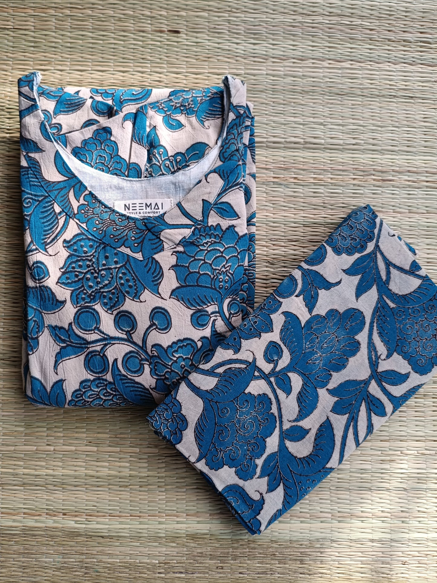 Block printed kalamkari cotton Maternity 2 pc chudidhar set [ Top with double side zip, and dupatta - Ramar green flower